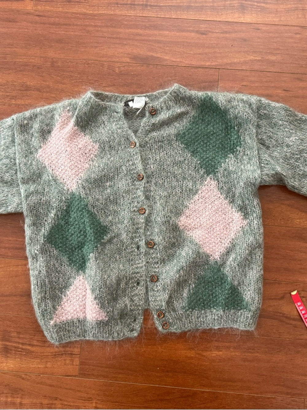 Vintage Cozy Mohair Blend Argyle Cardigan Sweater - Green & Pink medium large